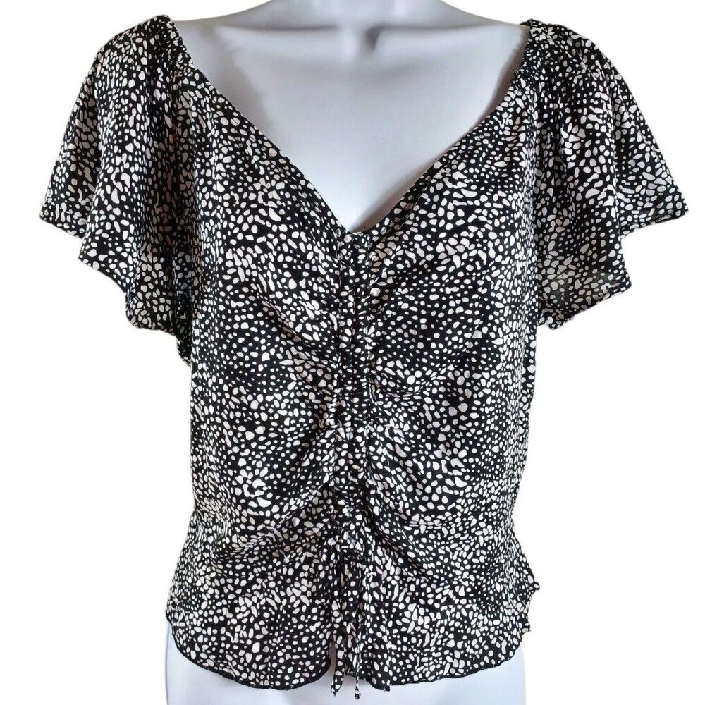 Japna Black White Smocked Peplum Blouse L Short Sleeve Boho Ruffle Hem Viscose
